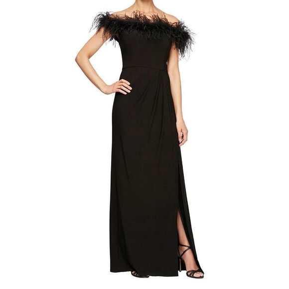Alex Evenings Women’s Black Long Off-the-Shoulder Jersey Gown Dress Size 14 NEW